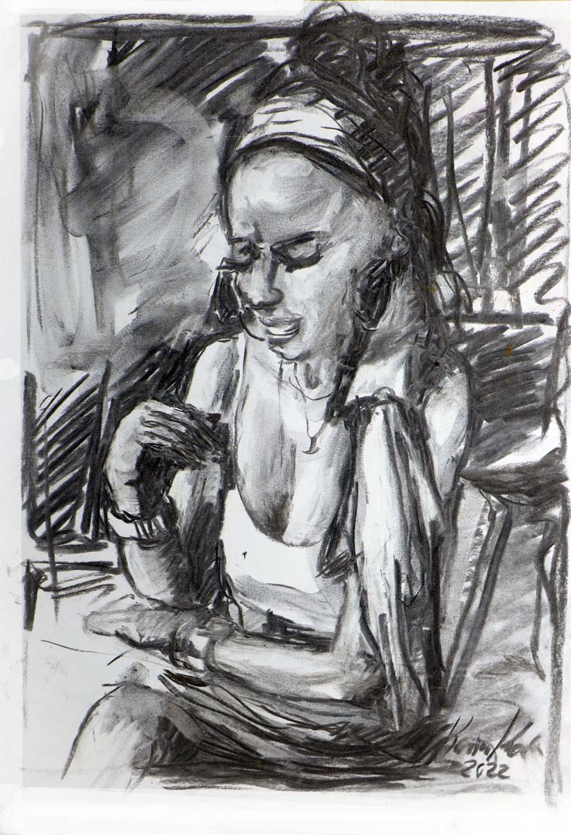 Junge Frau, Kohlezeichnung auf Karton, 27 x 37 cm
